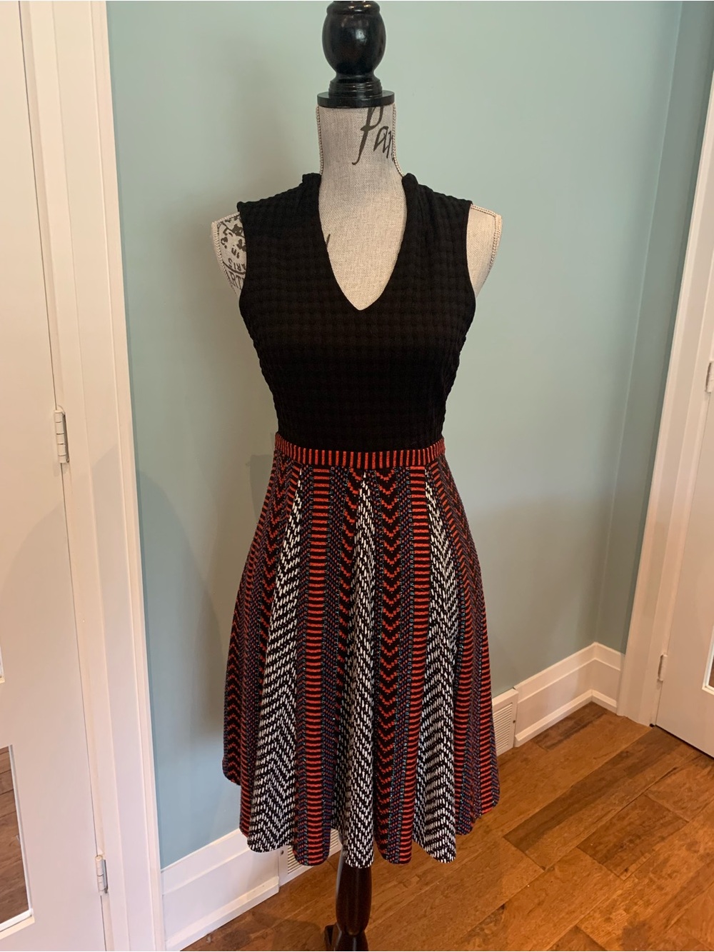 Maeve Black Knit Waist Red, White & Black Patterned Skater Skirt